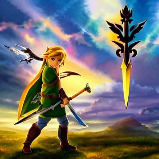 Prompt: Link holding the master sword with a sunset behind him and the sun lowering and epic clouds and birds 