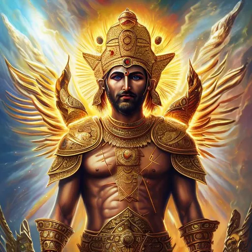 Prompt: High-resolution hyper realistic painting of {iranian sun god} [mithra] , uhd, hdr, 64k, epic scene, crown, upper body, sharp edges, solar suit. sun beam hair, golden eyes