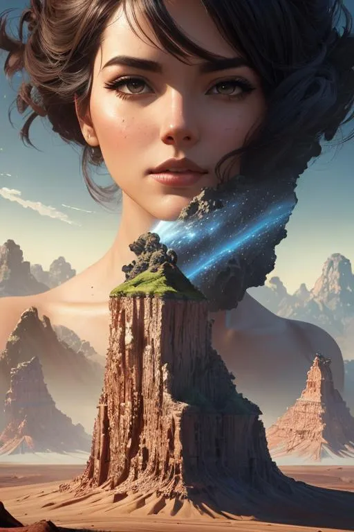 Prompt: Create a high-resolution head and shoulders painting of a planet-sized, gorgeous giantess bursting out of the Earth's crust. The scene should be intense and dramatic with cinematic lighting that highlights her stunning features. The artwork should be inspired by the styles of Norman Rockwell, Craig Mullins, and Ross Tran, and should be in 4K resolution. The focus should be on the giantess's face and upper body as she emerges from the planet, and the overall effect should be awe-inspiring and powerful.