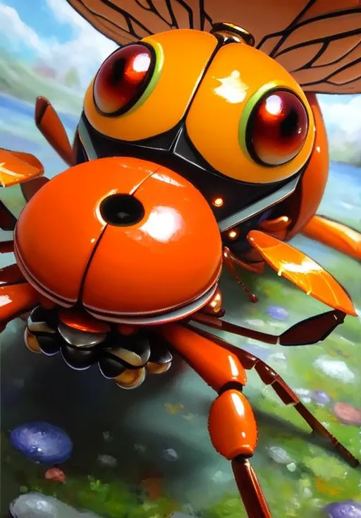 Prompt: UHD, , 8k,  oil painting, Anime,  Very detailed, zoomed out view of character, HD, High Quality, Anime, Pokemon, Paras is a small cute orange, insectoid crab-like cicada Pokémon with large eyes and cartoonish mushrooms growing on its head  Its ovoid body is segmented, and it has three pairs of legs. The foremost pair of legs is the largest and has sharp claws at the tips. There are five specks on its forehead and three teeth on either side of its mouth. It has circular eyes with large pseudo pupils.

Red-and-yellow mushrooms known as tochukaso grow on this Pokémon's back. The mushrooms can be removed at any time and grow from spores that are doused on this Pokémon's back at birth by the mushroom on its mother's back. Tochukaso are parasitic in nature, drawing their nutrients from the host Paras's body in order to grow and exerting some command over the Pokémon's actions. For example, Paras drains nutrients from tree roots due to commands from the mushrooms. Paras can often be found in caves. However, it can also thrive in damp forests.

Pokémon by Frank Frazetta
