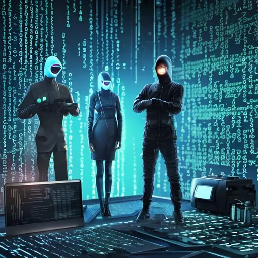 Prompt: Cyber Hackers in cyberspace like in Johnny Neumonic in a 3000X3000 px scale

