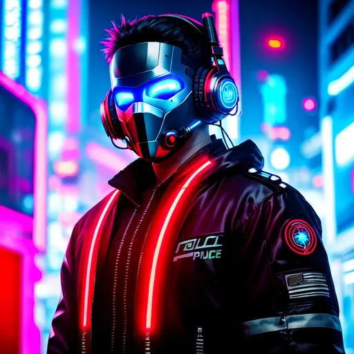 Prompt: a cyberpunk styled human cyborg with face metal mask, wearing futuristic tactical headphones, red neon eyes, face potrait, neon light cyberpunk city street background, cyberpunk police car, futuristic high colar cyber tech,   