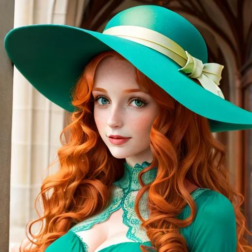 Prompt: Woman with  long, very curly ginger hair, green eyes, wearing blue, fancy hat

