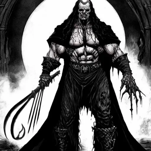 Prompt: the Undertaker, muscle bound, necromancer, WWE, undead, scythe, energy coming from his eyes
