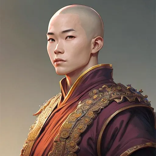 Prompt: young male chinese, monk, detailed fantasy character portrait, D&D, highly detailed, digital painting, concept art, sharp focus, illustration, art by artgerm and greg rutkowski and alphonse mucha