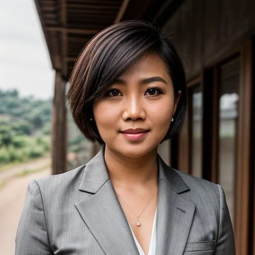 Prompt: Indonesian woman with short hair wearing grey business suit with village background 