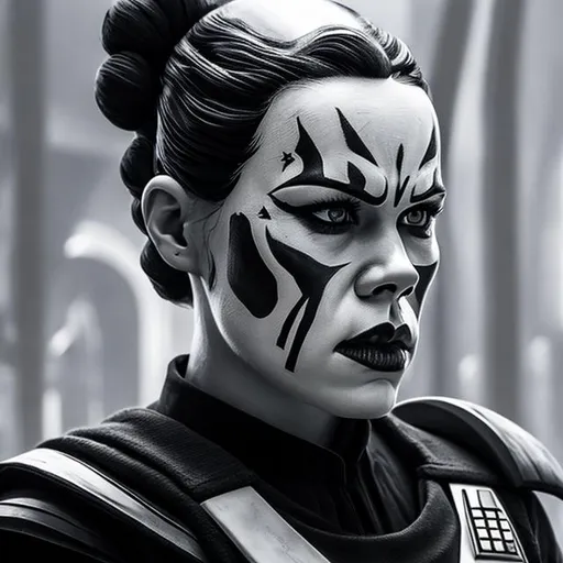 Prompt: monochrome, daisy ridley, maul facepaint, imperial officer uniform