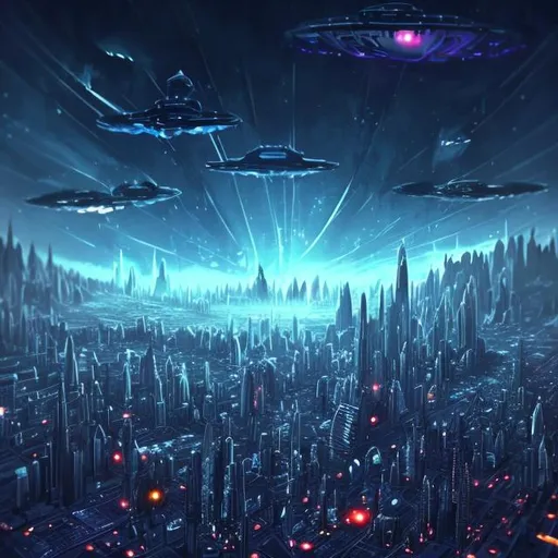 Prompt: Futuristic Tall black towers on deep dark ocean dark sky spaceships night lights hover ships dark tall city lots and lots of small floating ships hovering above clouds big planet with rings closeby spaceships hovering super tall mega skyscraper
