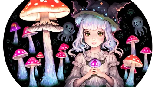 Prompt: portrait of a cute female monster with glowing fantasy mushrooms behind her, friendly ghosts sitting in circle