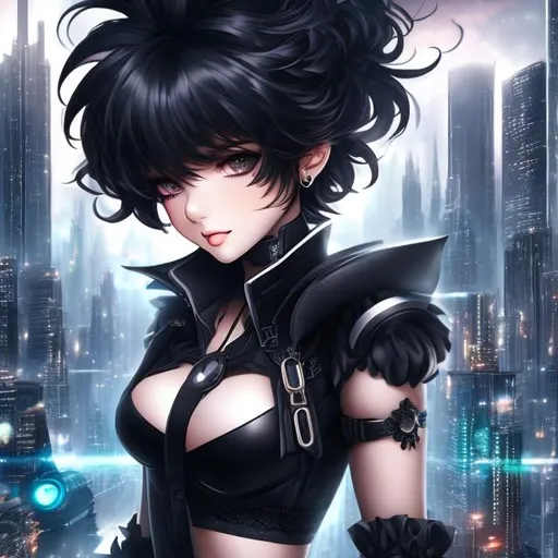 Prompt: ((Best Quality)), ((The masterpiece)), a goth girl with fluffy hair with bangs, thick thighs, abs, ((beautifully detailed face, and large eyes)), in the middle of a futuristic city