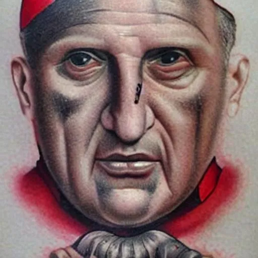 Prompt: hyper realistic hyper real vatican pope 666 tattooed on forehead in red oil holding a serpent spear