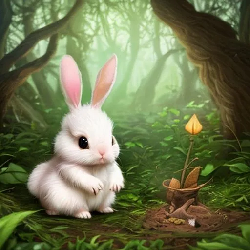 Prompt: a lost baby bunny in an enchanted forest