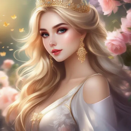 Prompt: and beautiful pretty art 4k full HD flower princess golden blonde hair beautiful pretty gorgeous face 