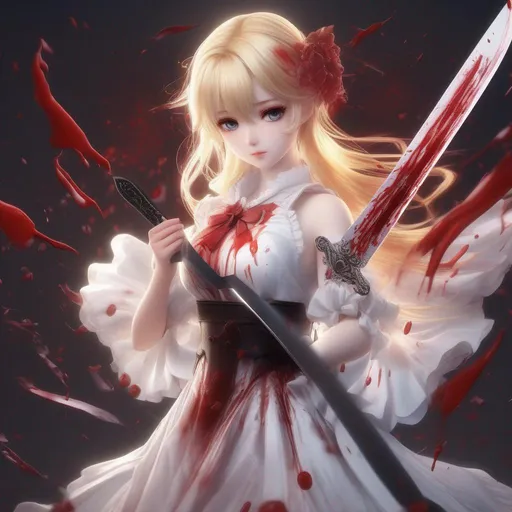 Prompt: 3d anime woman covered in blood angelic blonde hair and white dress with a knife and beautiful pretty art 4k full HD