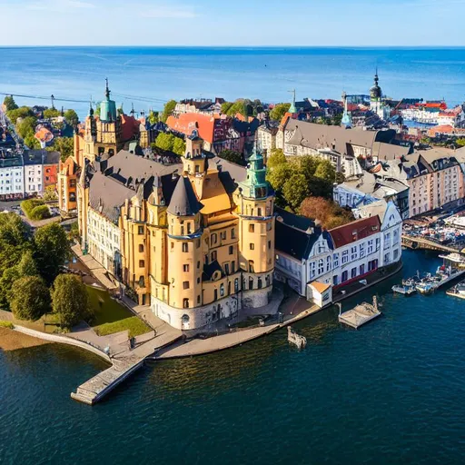 Prompt: beautiful lively old architecture in Königsberg city with Königsberg castles, aerial view in Fisherman Bay, and tram public transport.