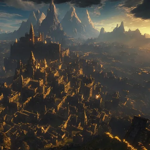 Prompt: An ancient Zelda high fantasy medieval Dark Souls style city, resting high above the peaks of a lush mountain, during daylight, etenal sunlight basking in golden light, with a narrow path leading up to the kingdom, super HD landscape