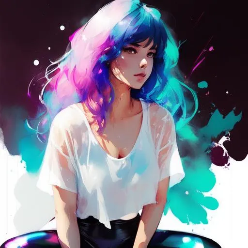 Prompt:  gorgeous stunning anime girl, aged 23, blone hair, Full body, sit cross-legged, glamour, wear wet see-through white crop-top T-shirt, wet skin, shiny leggings, Wet hair, night sky, rain, gothic background, hyperdetailed painting, luminism, art by Carne Griffiths and Wadim Kashin concept art, 4k resolution, fractal isometrics details bioluminescens , 3d render, octane render, intricately detailed , cinematic, trending on artstation Isometric Centered hypereallistic cover photo awesome full color, hand drawn , gritty, realistic mucha , intricate, hit definition , cinematic,Rough sketch, bold lines, on paper.