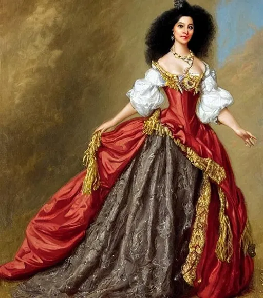 Prompt: Hispanic Female,  By Konstantin Razumov, highly detailed, Royal dress , Queen, black hair, Brown person, Queen of mexico, 1700s