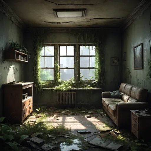 Prompt: Abandoned apartment interior overgrown with vegetation, The Last of Us video game style, desolate, decaying furniture, cracked walls, eerie atmosphere, high-quality, realistic, detailed, The Last of Us, overgrown, abandoned, desolate, decaying, eerie, atmospheric lighting, realistic, detailed textures, seen from angle