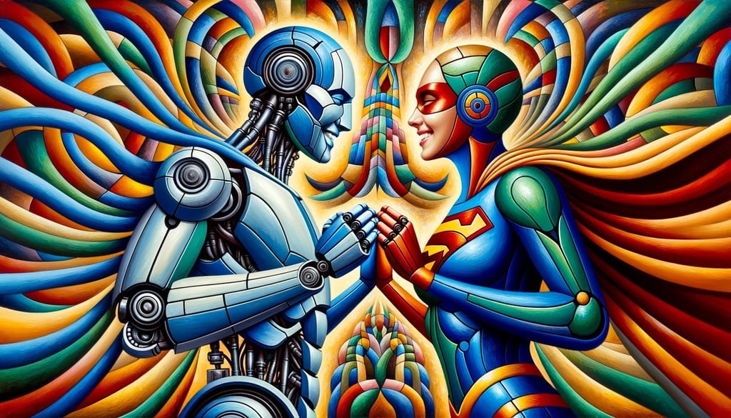 Prompt: Oil painting: A robot and a human superhero, both emanating happiness, face each other, mirroring one another's poses in a perfectly symmetrical composition. Their joints and connections are highlighted, showcasing the similarities and contrasts between man-made and natural forms. The superhero's vibrant costume in dark blue and teal stands out against an abstract backdrop reminiscent of the rhythmic and colorful compositions of early 20th-century art movements.