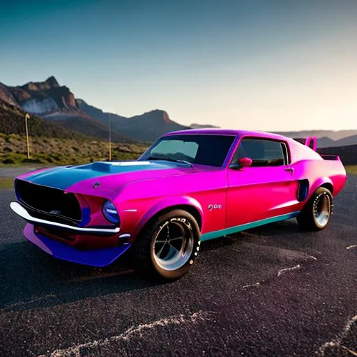 Prompt: A neon blue 1969 mustang with monster truck wheels. On the Rocky Mountains during a bright and vibrant orange, purple, pink, and red, coloured sunset.