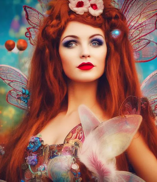 Prompt: photo realistic landscape of a beautiful retro fairy woman with long flowing hair,  facing camera, symmetrical face, ideal human, photography, ultra details, natural light, crowded carnival background