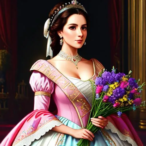 Prompt: a 30 year old woman wearing royal costume and holding flowers, soft pastel color, detailed, 8k