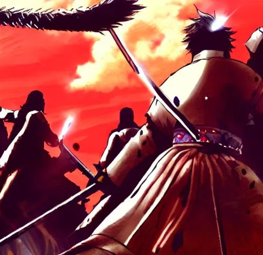 Prompt: Anime war scene graphic High detail Samurai warrior crusaders with Jesus Christ as depicted in the book of  revaltion coming out of heaven gathering his chosen to ride against the enemy Satan and his fallen cyberpunk ninjas