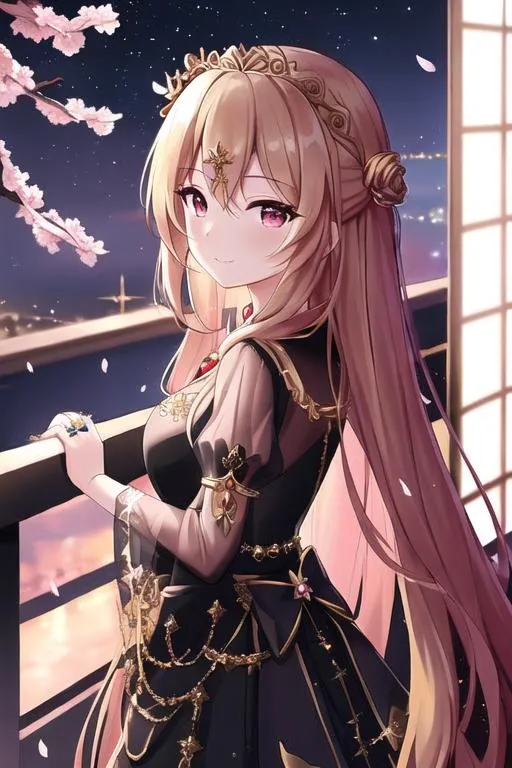 Prompt: blonde long hair girl wearing detailed black see through gown, cherry blossom night sky, facing side, gold trimmed skirt, gold accessories, gold tiara, gentle smile, gold hairpin, gold belt, gold bracelet, diamond ring
