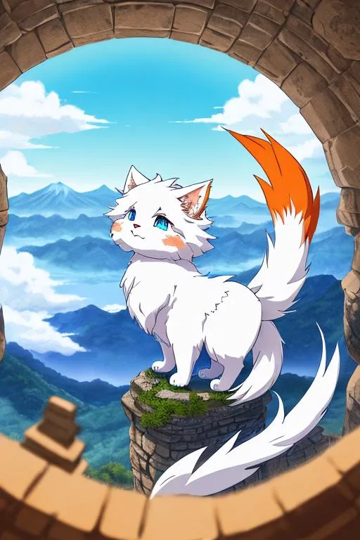 Prompt: illustration photographic front view,  Japanese letters floating in the air,
 
masterpiece intricate hyperdetailed best quality flat color pastel mix pencil sketch 2D 1 anime cute round fluffy furry dragon cheerful, hyperdetailed white fur, detailed round blue eyes, orange stripestanding in ancient dungeon,

scenic view landscape 2D flat color gigantic dungeon vector background, action shot, extreme long shot wide view, full frame wide angle,

sunshine, blue sky, cinematic lighting,

precise hard pencil strokes, thick and hard pencil outline,

hyperdetailed 2D vector concept art picture, vector, illustration, character concept,

2D fantasy concept art style, inspired by final fantasy art, adventure, inspiring, colorful, heroic fantasy art,

centered,