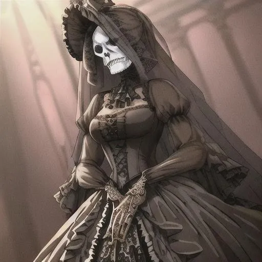 Prompt: Model Lady, SKULL face, wearing ornate Victorian gown, lace and satin, gilded, intricate, flowing, hyper-detailed, 64K, UHD, HDR, unreal engine, vivid colors