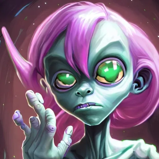 Prompt: An alien girls face with a very strong jawline not exactly pointy but not round or oval either she has blue green and purple the ears are not forward they’re not back but in the middle and the fingers are a thumb and 2 index fingers her feet are small and petite and her legs and body and arms are skinny