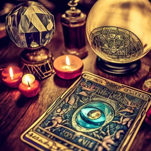 Prompt: Tarot Cards and Ouija Boards on a table with a crystal ball