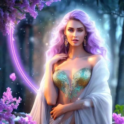 Prompt: HD 4k 3D 8k professional modeling photo hyper realistic beautiful woman ethereal greek goddess of truce
short lilac hair blue eyes gorgeous face olive skin beautiful shimmering grecian dress and cloak diadem jewelry holding scroll and torch full body surrounded by magical glowing light hd landscape background falling snow in forest 