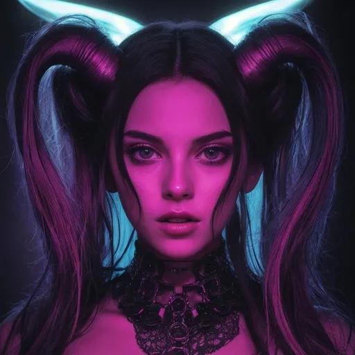 Prompt: beautiful female demon, hell, demonic, vaporwave, retro, neon, aesthetic, liminal, high quality, high definition, beautiful, dramatic lighting