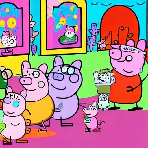 Prompt: chunky cat peppa pig meets wolfoo kissing and then cool aid peter griffin eats mars and then goes to cemetery peppa pig pregnant wolfoo
