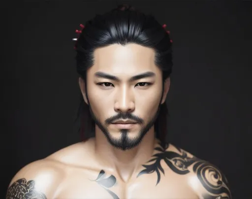 Prompt: samurai, Handsome, attractive, flirting, (((full body visible))), looking at viewer, portrait, photography, detailed skin, realistic, photo-realistic, 8k, highly detailed, full length frame, High detail RAW color art, piercing, diffused soft lighting, shallow depth of field, sharp focus, hyperrealism, cinematic lighting