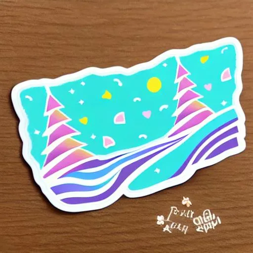 Prompt: Die-cut sticker, Cute kawaii sticker, a river in the trees, Pacific Northwest, illustration minimalism, vector, pastel colors