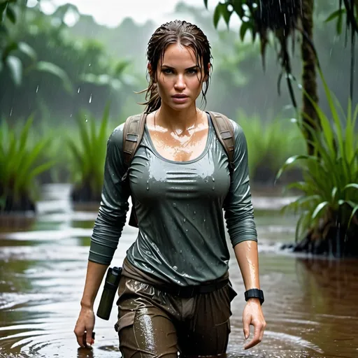 Prompt: photo of young woman, soaking wet clothes, lara croft, long sleeved t-shirt, joungle pants,  , walking through the swamp,   enjoying, water dripping from clothes, clothes stuck to body,  detailed textures of the wet fabric, wet face, wet plastered hair,  wet, drenched, professional, high-quality details, full body view 