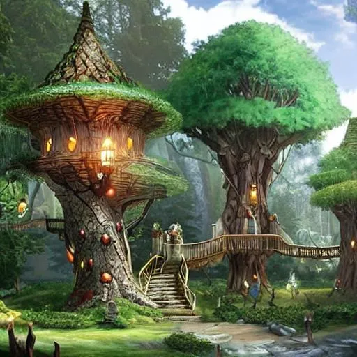Prompt: an elvish tree house city in the forest with large houses with silver bridges connecting them and stairs with elves, gnomes, tieflings, tabaxi