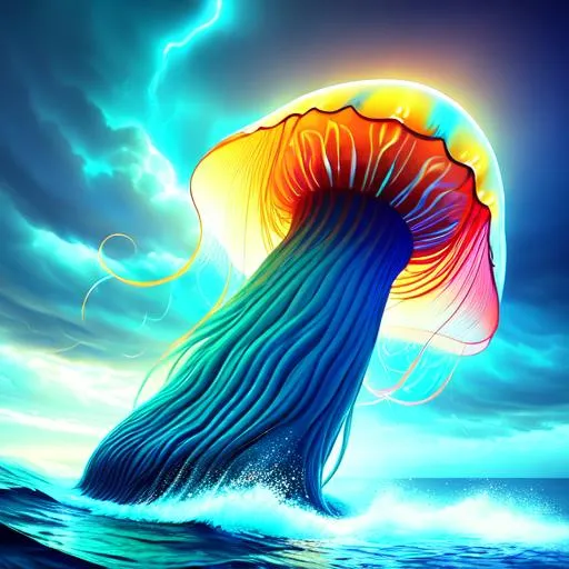 Prompt: gigantic monstrosity jellyfish sea monster, highly detailed body, full body, whole body visible, full character visible, thunder storm, soft lighting, high definition, ultra realistic, extremely detailed, unreal engine 5, 8K, digital art