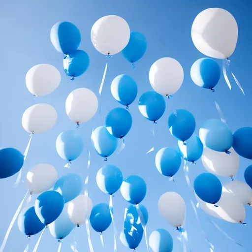 Prompt: white and blue balloons in the sky