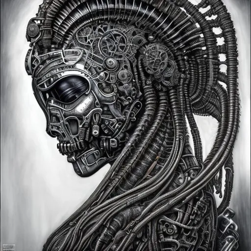 Prompt: create an air brushed picture of a hyper realistic ultra detailed photograph of a beautiful biomechanical female, long dreads, attractive, mysterious, chrome, metal rod, H. R. Giger art style, monochrome, industrial, biomechanical, chrome, H. R. Giger inspired, highly detailed, 8K, UHD, female , exquisite detail, beautiful face, dark heavy metal, evil 