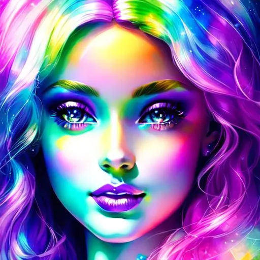 Prompt: White prism, cosmic,etherial, fairy, goddess of light Barbie doll face , rainbow colors , facial closeup