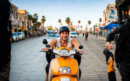 Prompt: Two white Caucasian guys with average looks wearing baseball caps on a motor scooter on the boardwalk in Venice Beach  California 