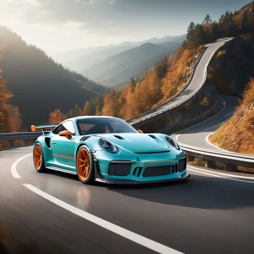 Prompt: Imagine a Porsche GT3 RS concept vehicle roaring down a winding mountain road, with its futuristic design reflecting the surrounding natural landscape