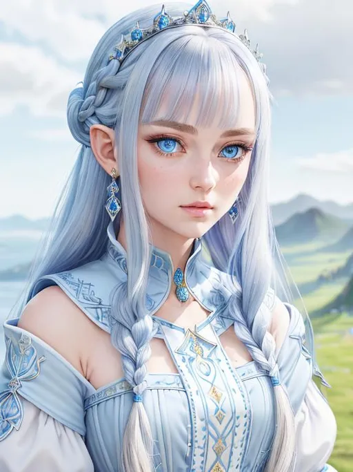 Prompt: 1 girl, queen, highly detailed blue eyes, highly detailed face, innocent looking, regal looking, regal, 8k UHD, young girl, pointy ears, divine, highly detailed blue dress, long sleeved, anime, long dress, fully clothed, fantasy kingdom backdrop, highly detailed back braided silver hair, slight front bangs, scenic view landscape, magical feel, aerial view, idyllic, overhead shot, determined