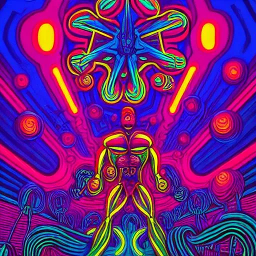 Prompt: Hypnotic illustration of bodybuilding, hypnotic psychedelic art by Dan Mumford, pop surrealism, dark glow neon paint, mystical, Behance