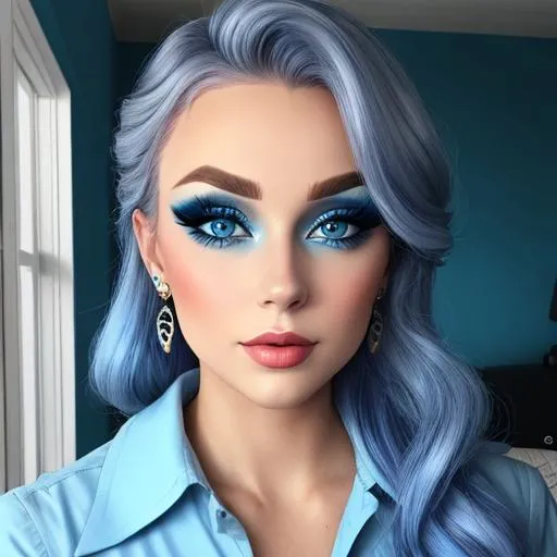 Prompt: A woman all in blue, blue eyes, pretty makeup