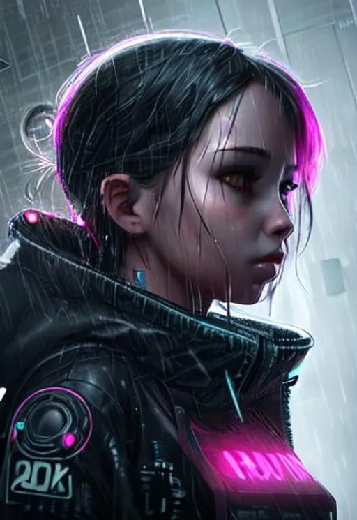 Prompt: A girl, rain, cyberpunk, 8k, highly detailed, sci fi